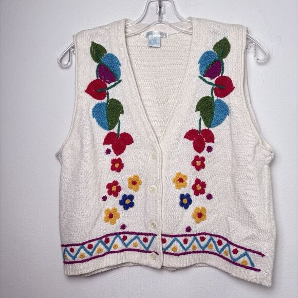 Vintage Embroidered Floral Cotton Button Down Women’s Sleeveless Sweater Vest - Picture 6 of 11
